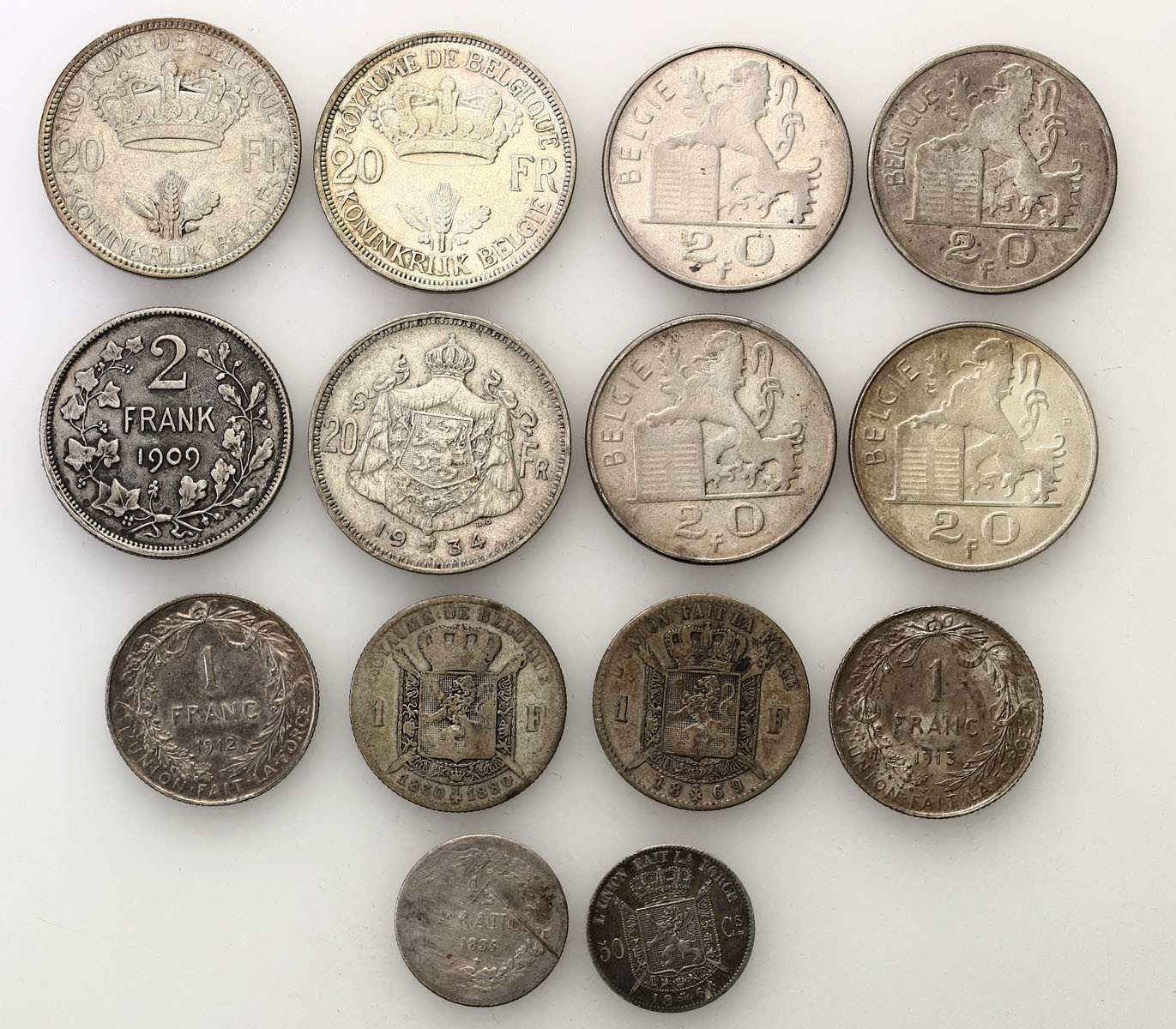 Francja, Belgia. 50 centimes do 20 franków 1834-1953, zestaw 14 monet, srebro